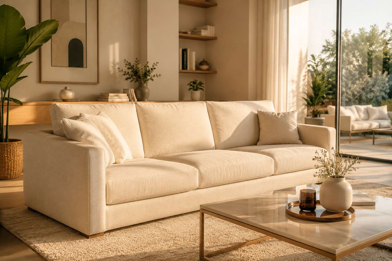 Salon luxe canapé crème nettoyé par Kanap spécialiste textile Moselle
